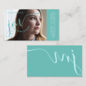 Moderne foto-kromtepap blauw script visitekaartje (Voorkant / Achterkant)