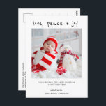 Moderne foto Liefde Vrede Vreugde Kerst Briefkaart<br><div class="desc">Modern Photo Love Peace Joy Christmas Briefkaart Modern Christmas greeting briefkaart met een modern bewerkbaar handgeschreven koplettertype, enkele foto en zwarte tekst. De langere kerstgroet verschijnt op de achterkant. Dit briefkaart van de de groet van de fotoKerstmis is een lieve manier om uw Kerstmisbericht naar geliefden en vrienden bij Kerstmis...</div>