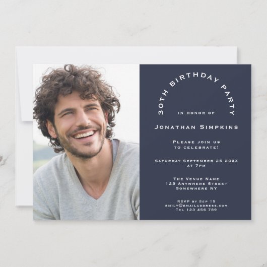 Moderne Foto Man 30th Birthday Party Navy Kaart (Voorkant)
