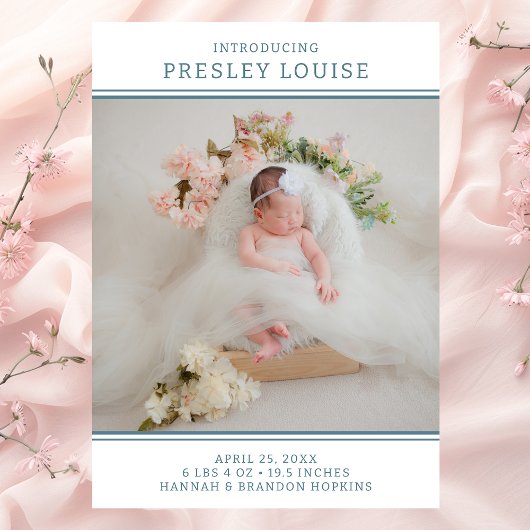 Moderne foto Meisje Blauwgroen geboorteaankondigin Kaart