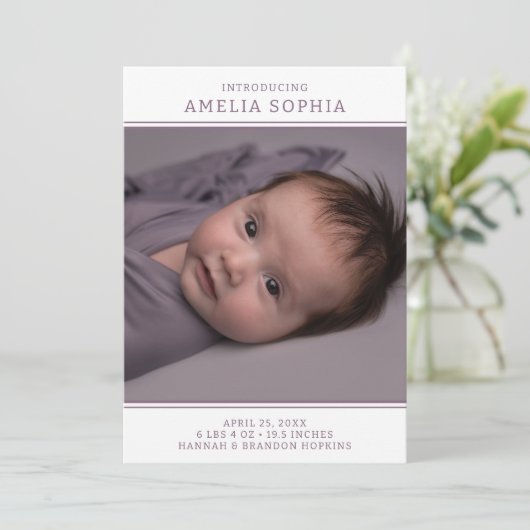 Moderne foto meisje geboorte aankondiging (Staand voorkant)
