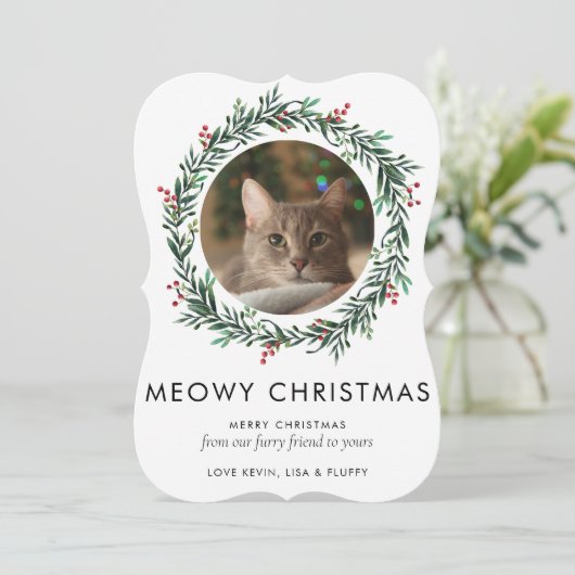 Moderne foto Meowy kerstkat Wreath Feestdagenkaart (Staand voorkant)