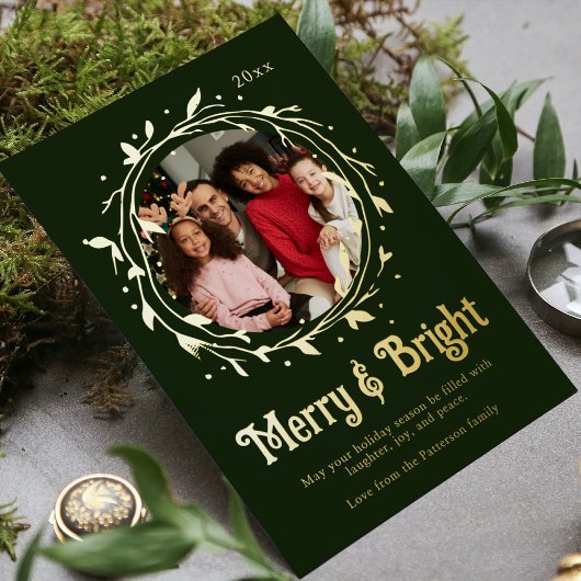 Moderne Foto Merry & Bright Script Krans Folie Feestdagenkaart