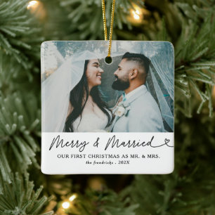 Moderne foto Merry & Getrouwde Pas getrouwd Kerst Keramisch Ornament