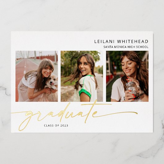 Moderne foto met briefterig Afstuderen wit Folie Uitnodiging (Voorkant)