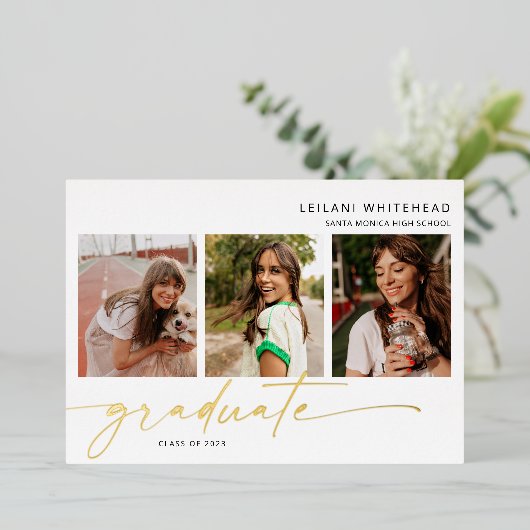 Moderne foto met briefterig Afstuderen wit Folie Uitnodiging (Staand Voorkant)