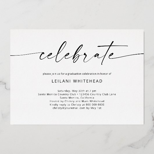 Moderne foto met briefterig Afstuderen wit Folie Uitnodiging (Achterkant)