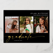 Moderne foto met briefterig Afstuderen zwart Folie Uitnodiging (Voorkant)