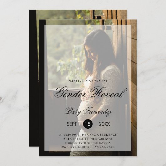 Moderne Foto met Chic Script Gender onthullen Part Kaart (Voorkant / Achterkant)