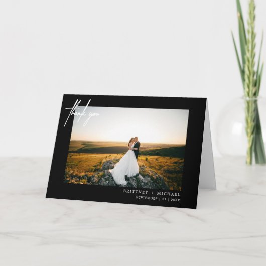 Moderne foto met de hand geschreven dank u zwart bedankkaart (Voorkant)
