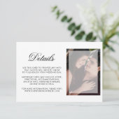 Moderne foto met details over chic Script Wedding Informatiekaartje (Staand voorkant)