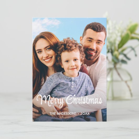 Moderne foto met kerstcadeauscript feestdagenkaart (Staand voorkant)