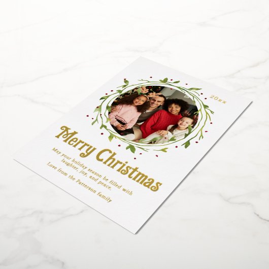 Moderne foto met kerstscript, geschreeuw folie feestdagenkaart (Gedraaid)