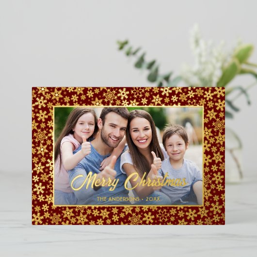 Moderne foto met kerstsnowflake, bruin en goud folie feestdagenkaart (Staand Voorkant)