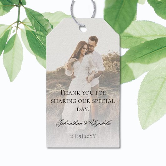 Moderne foto met overlay bruiloft cadeaulabel