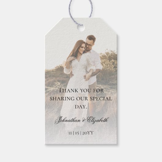 Moderne foto met overlay bruiloft cadeaulabel (Voorkant)