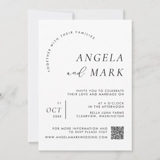 Moderne foto met QR-code Zwart & Wit Bruiloft Kaart (Voorkant)