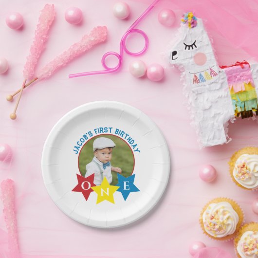 Moderne foto minimalistische 1e verjaardag papieren bordje (Feest)