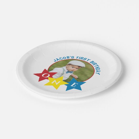 Moderne foto minimalistische 1e verjaardag papieren bordje (Gekanteld)