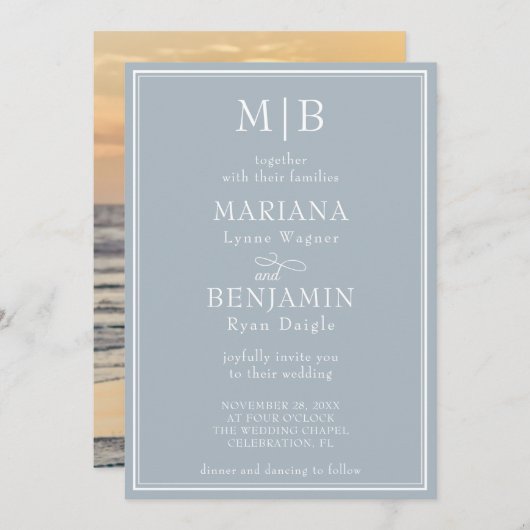 Moderne foto minimalistische lichtgrijze bruiloft kaart (Voorkant / Achterkant)