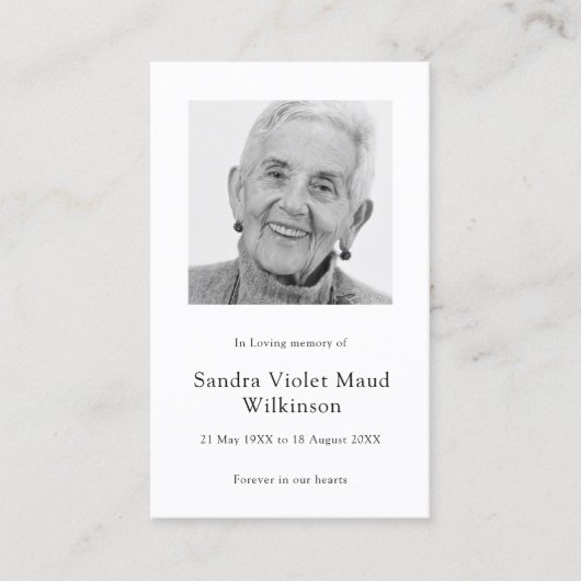 Moderne foto minimalistische memorial gebedskaart visitekaartje (Voorkant)