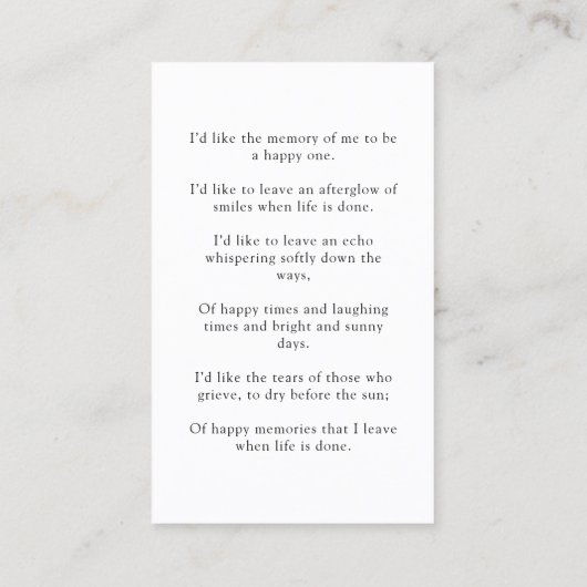 Moderne foto minimalistische memorial gebedskaart visitekaartje (Achterkant)