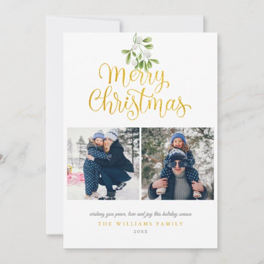 Moderne foto mistletoe goud script kerst feestdagenkaart (Voorkant)