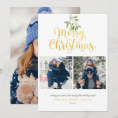 Moderne foto mistletoe goud script kerst feestdagenkaart (Voorkant / Achterkant)