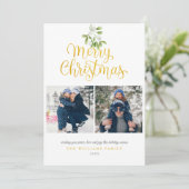 Moderne foto mistletoe goud script kerst feestdagenkaart (Staand voorkant)