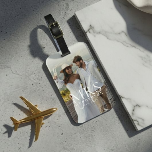 Moderne Foto Monogram Pasgetrouwden Reizen Bagagelabel