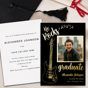 Moderne Foto Muziek Afstudeerfeest Zwart en Goud Folie Uitnodiging