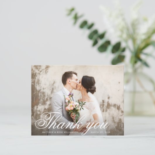 Moderne foto overlay bruiloft bedankkaart briefkaart (Staand voorkant)