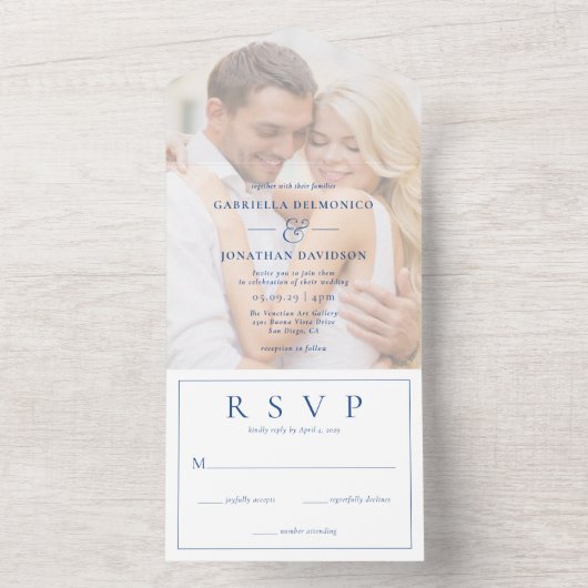 Moderne foto Overlay Bruiloft RSVP Blue All In One Uitnodiging (Binnen)