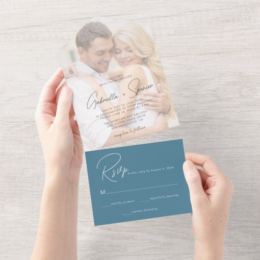 Moderne foto-overlay Cobalt Blue Wedding All In One Uitnodiging (Afscheurbaar)