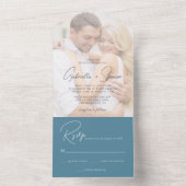 Moderne foto-overlay Cobalt Blue Wedding All In One Uitnodiging (Binnen)