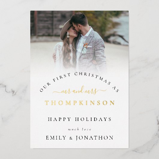 Moderne foto-overlay Eerste kerst als getrouwd paa Folie Feestdagenkaart (Voorkant)