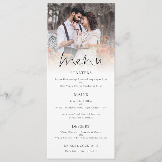 Moderne foto-overlay Elegant Script Wedding Menu (Voorkant)