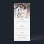 Moderne foto-overlay Elegant Script Wedding Menu<br><div class="desc">Moderne Fotobedekking Elegant Script Wedding Menu. Een informele vastgestelde typografie in zwart voor het belangrijkste kopmenu dat de rest van de tekst aanvult die u gemakkelijk kunt personaliseren. Vervang de steekproeffoto met uw eigen favoriet.</div>