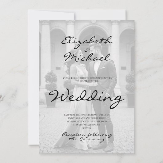 Moderne foto overlay Elegant zwart wit bruiloft Kaart (Achterkant)