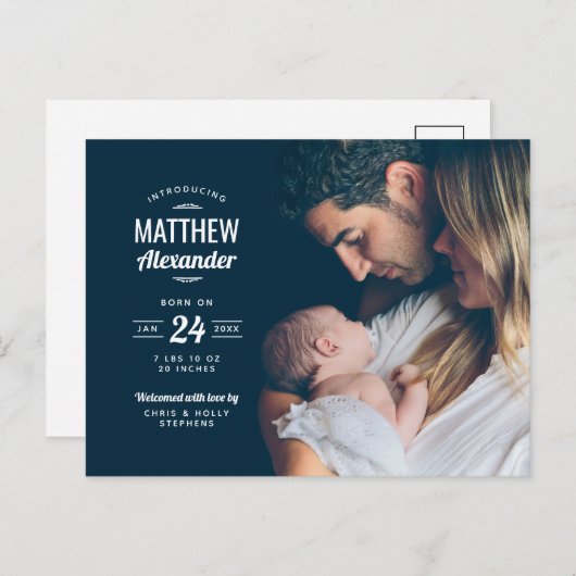 Moderne foto Overlay Geboorte Aankondiging Briefka (Voorkant / Achterkant)