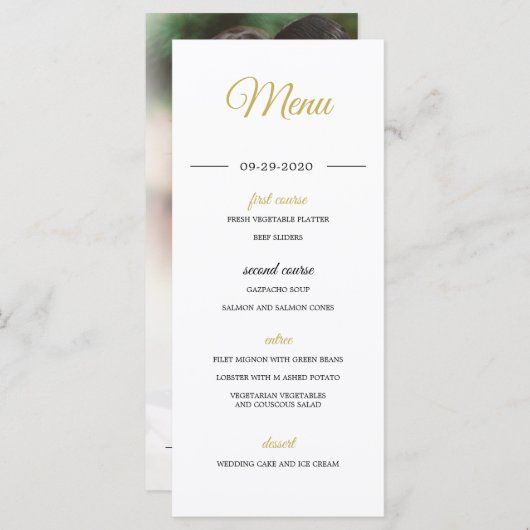 Moderne foto-overlay Gold Elegant Wedding Menu (Voorkant / Achterkant)