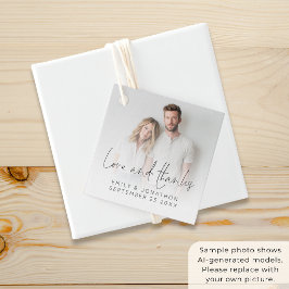 Moderne foto-overlay Love Thanks Script Bruiloft Bedankjes Labels