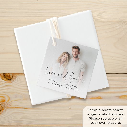 Moderne foto-overlay Love Thanks Script Bruiloft Bedankjes Labels