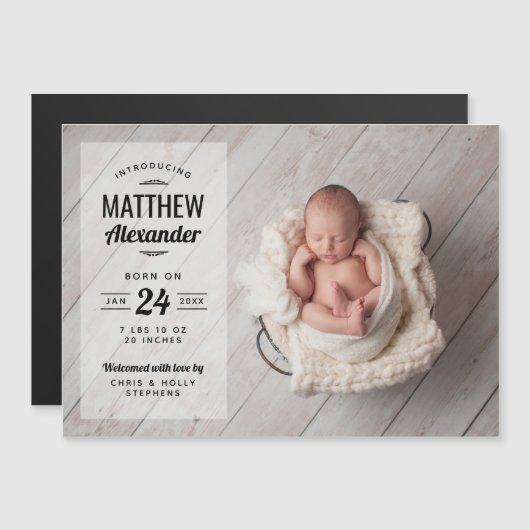 Moderne foto overlay magnetische geboorte aankondi magnetische uitnodiging (Voorkant / Achterkant)