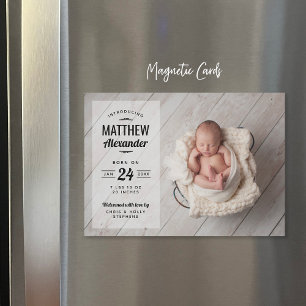 Moderne foto overlay magnetische geboorte aankondi uitnodiging