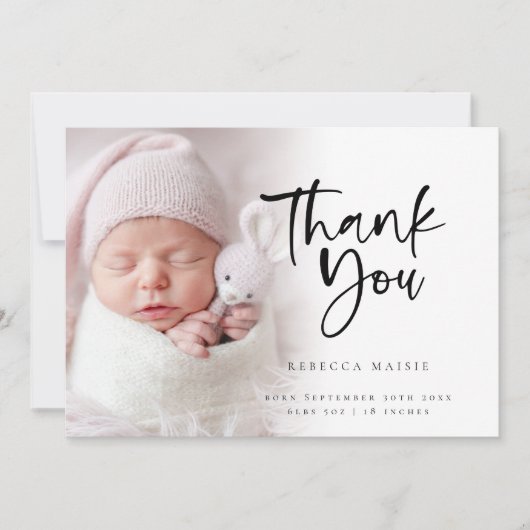Moderne foto-overlay-meisje Dank je geboorte Aankondiging (Voorkant)