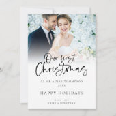 Moderne foto overlay onze eerste kerst Mr. Mrs Feestdagenkaart (Voorkant)