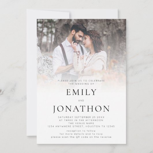 Moderne foto-overlay QR-code bruiloft Kaart (Voorkant)
