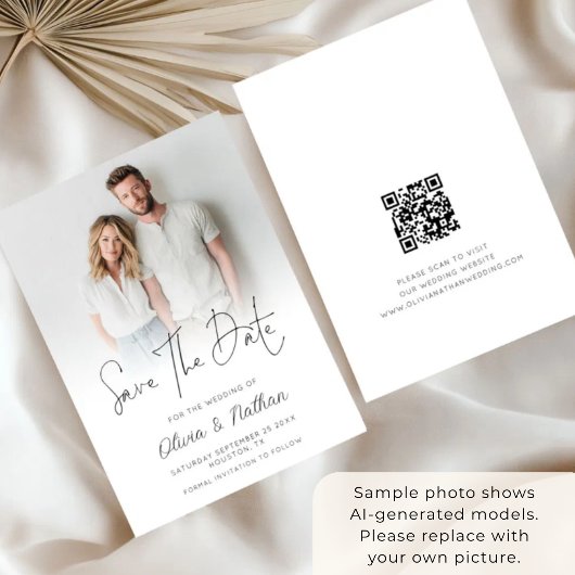 Moderne foto-overlay QR-code bruiloft Save The Date