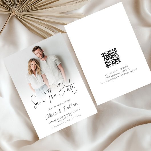 Moderne foto-overlay QR-code bruiloft Save The Date